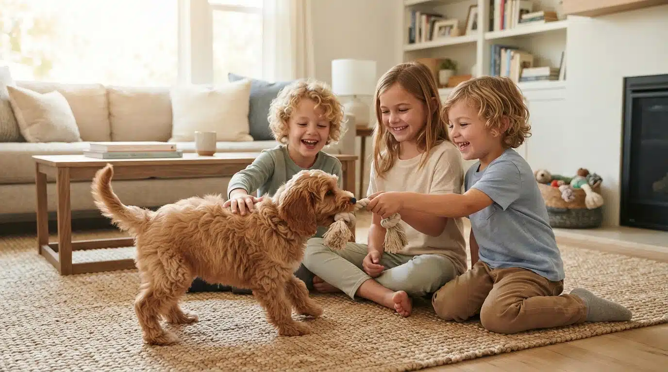 Cavapoo puppy playing with children in sunlit living room