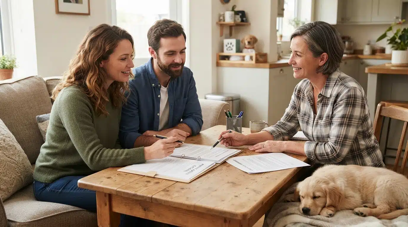 Couple reviewing puppy contract with breeder