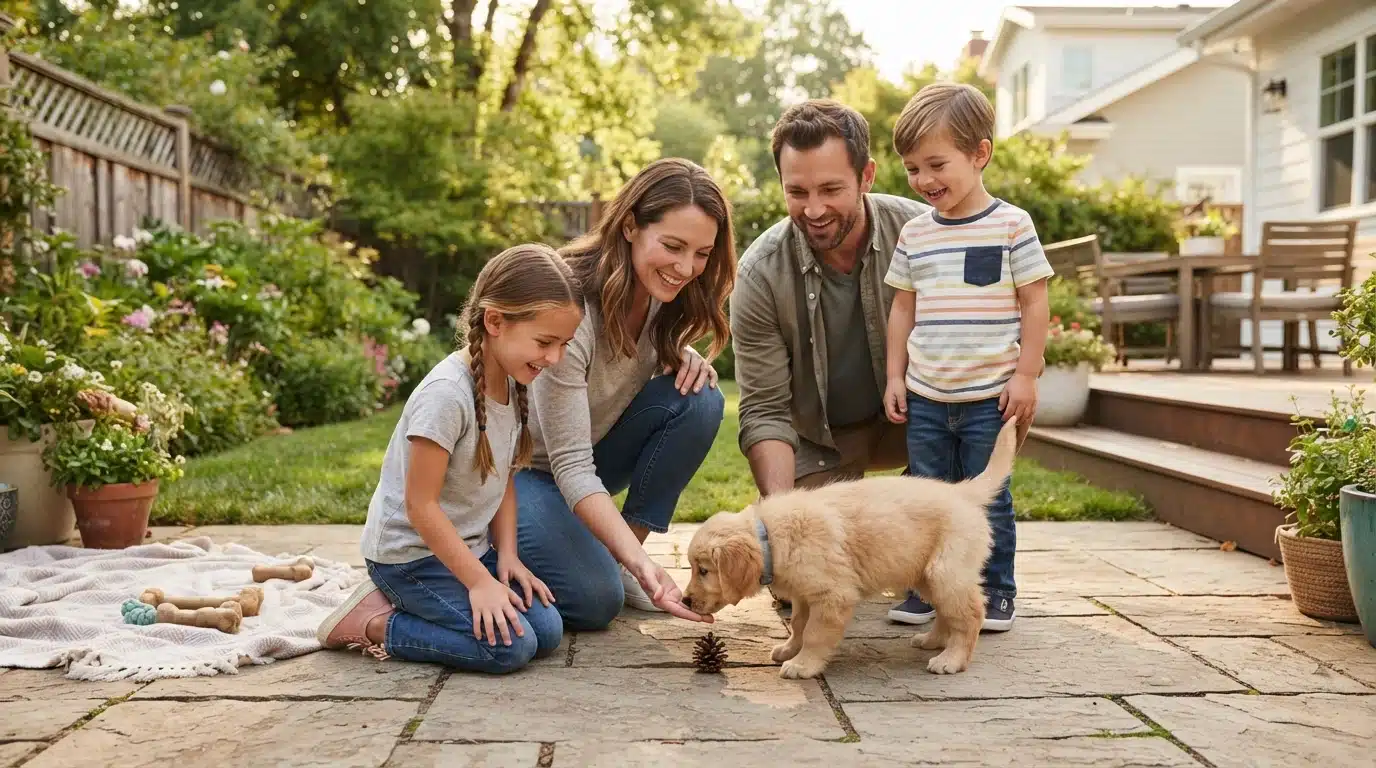 Family greeting a fluffy puppy on a sunny patio