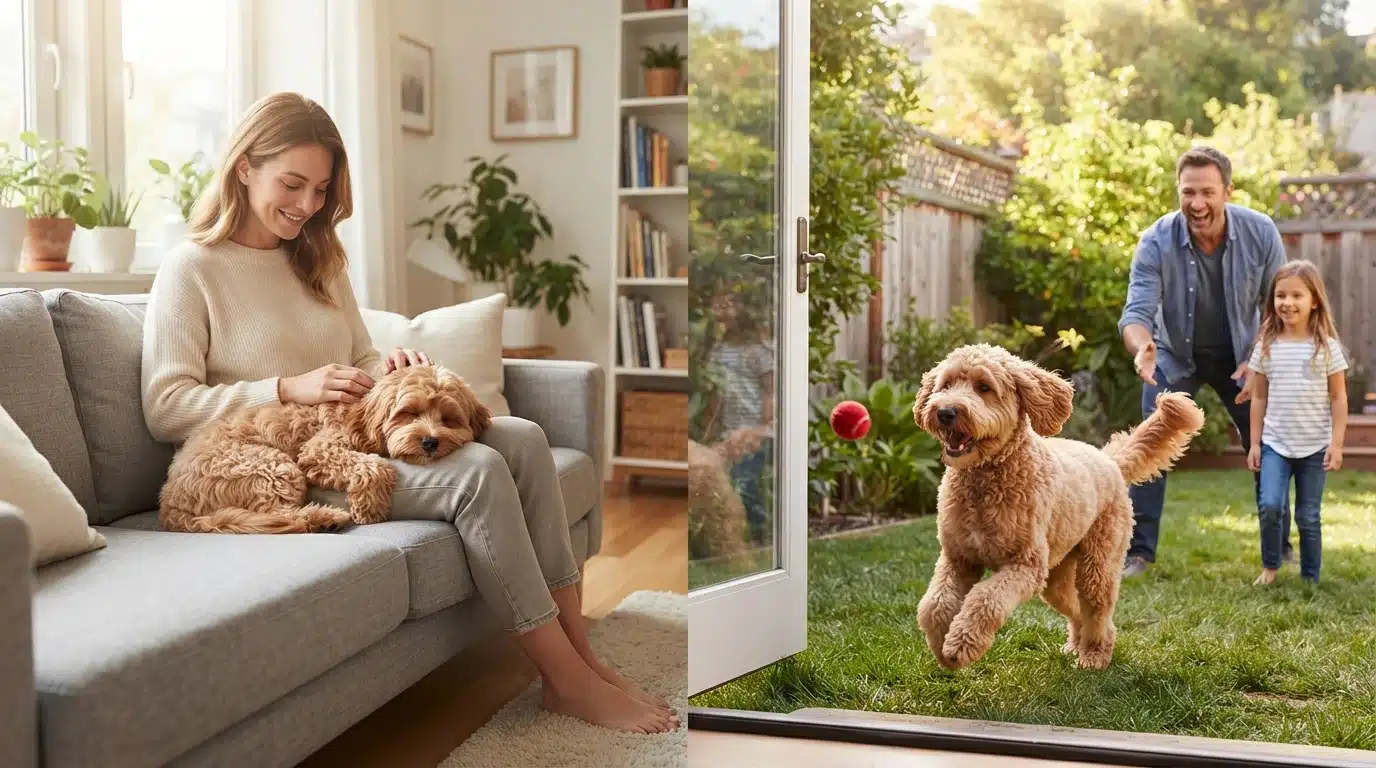 Quiet Cavapoo and energetic Goldendoodle side by side