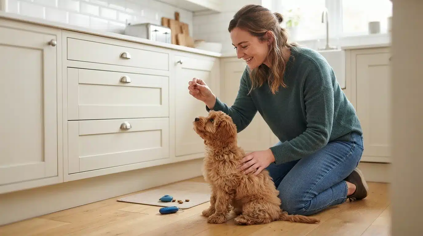 Owner training a puppy in a sunlit kitchen
