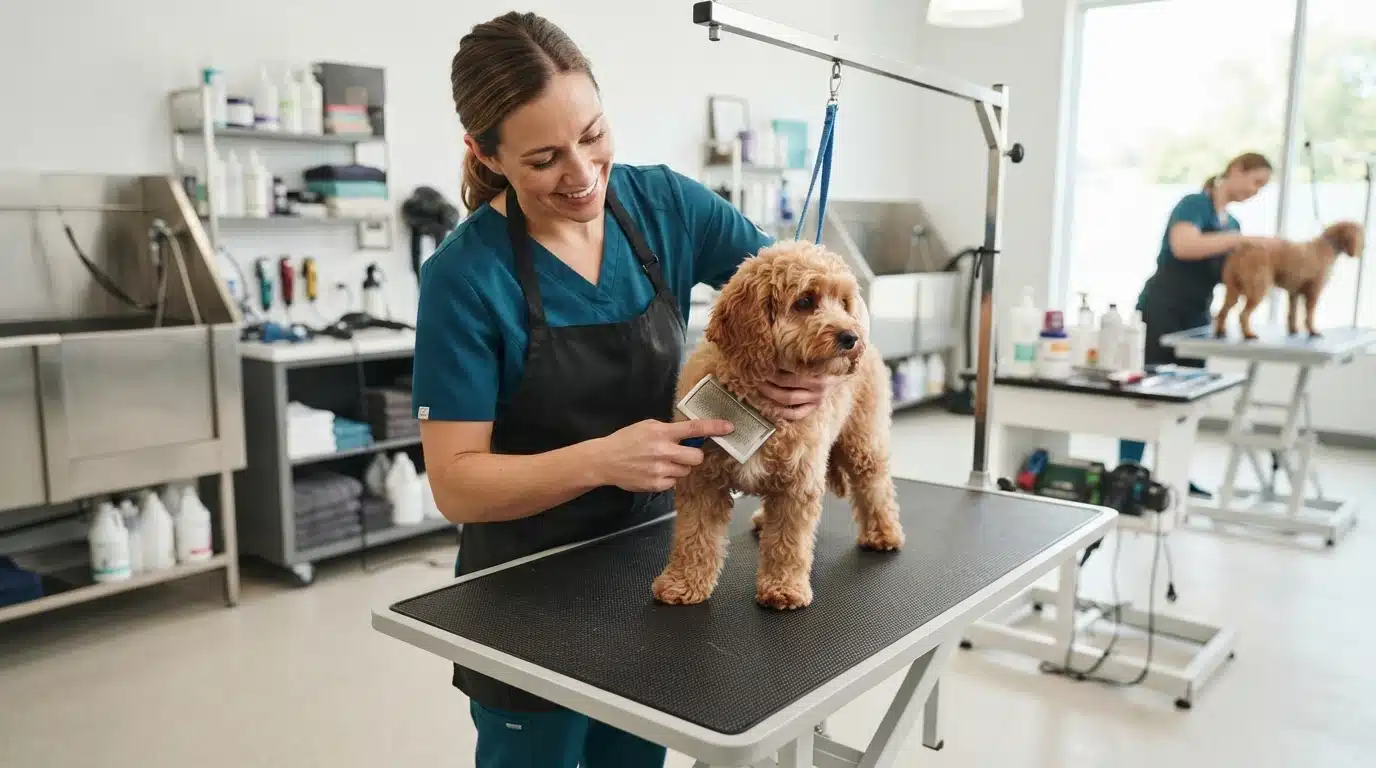 Groomer brushing a curly puppy on a salon table