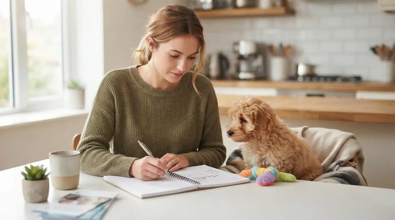 Person reviewing a pet care budget notebook at a kitchen table with a curly-coated puppy nearby
