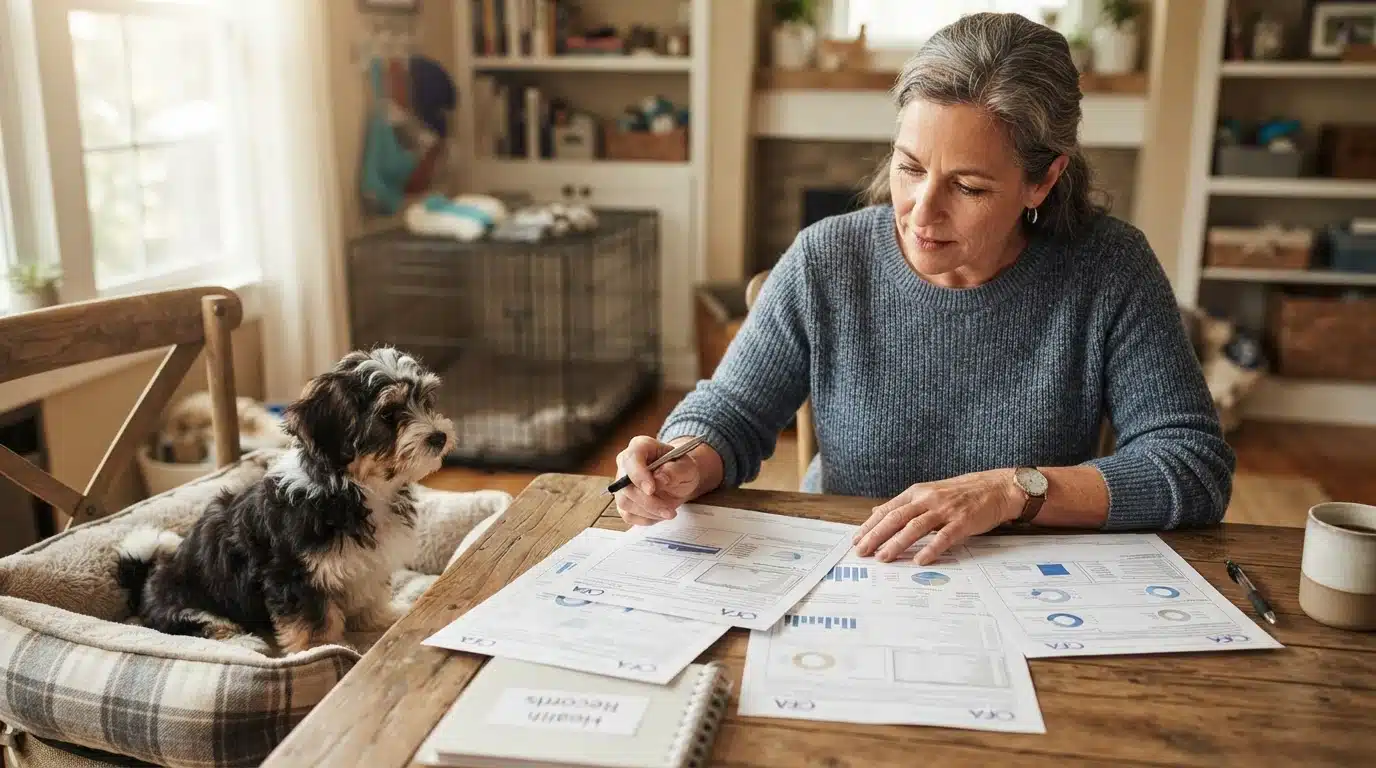 Breeder reviewing OFA test results with Havanese