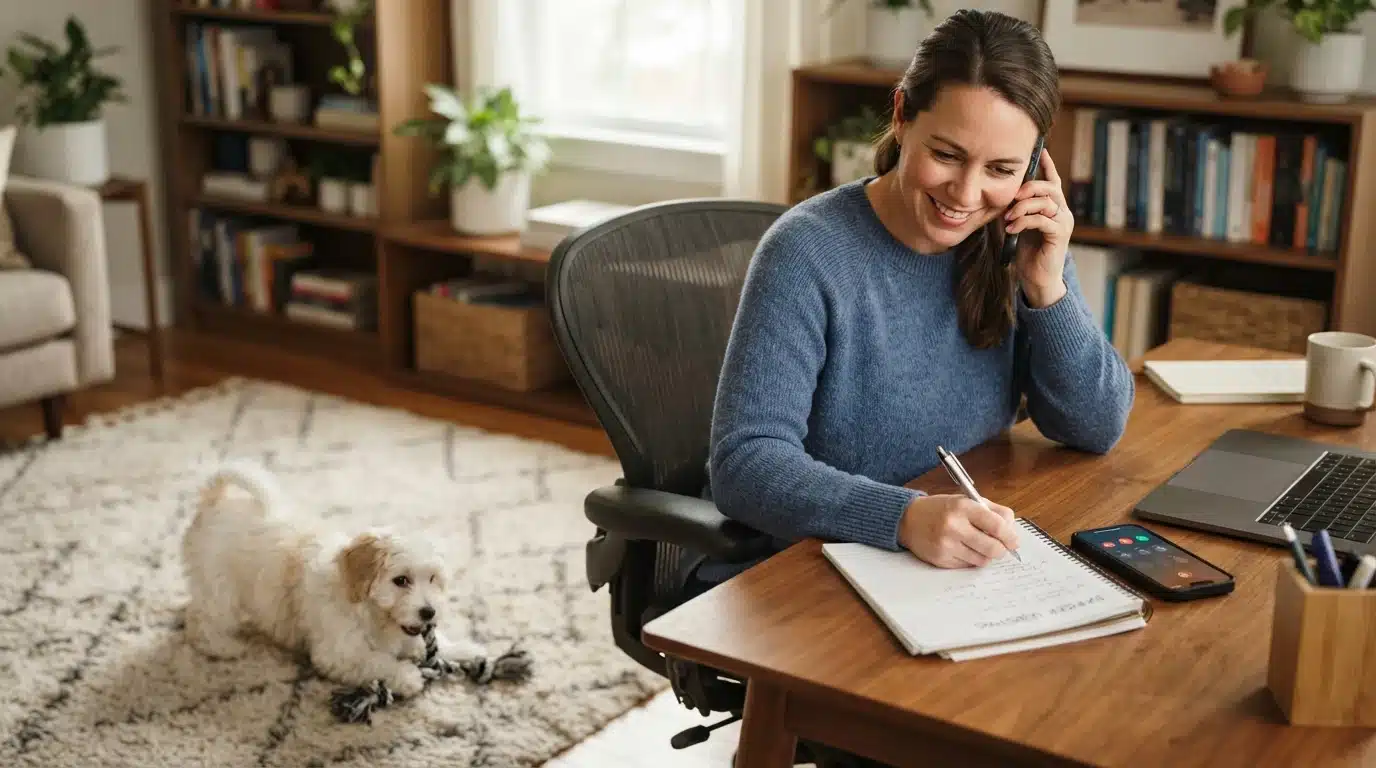 Woman on speakerphone call taking notes with puppy playing