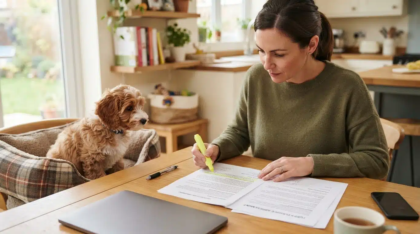 Buyer reviews puppy purchase contract at table