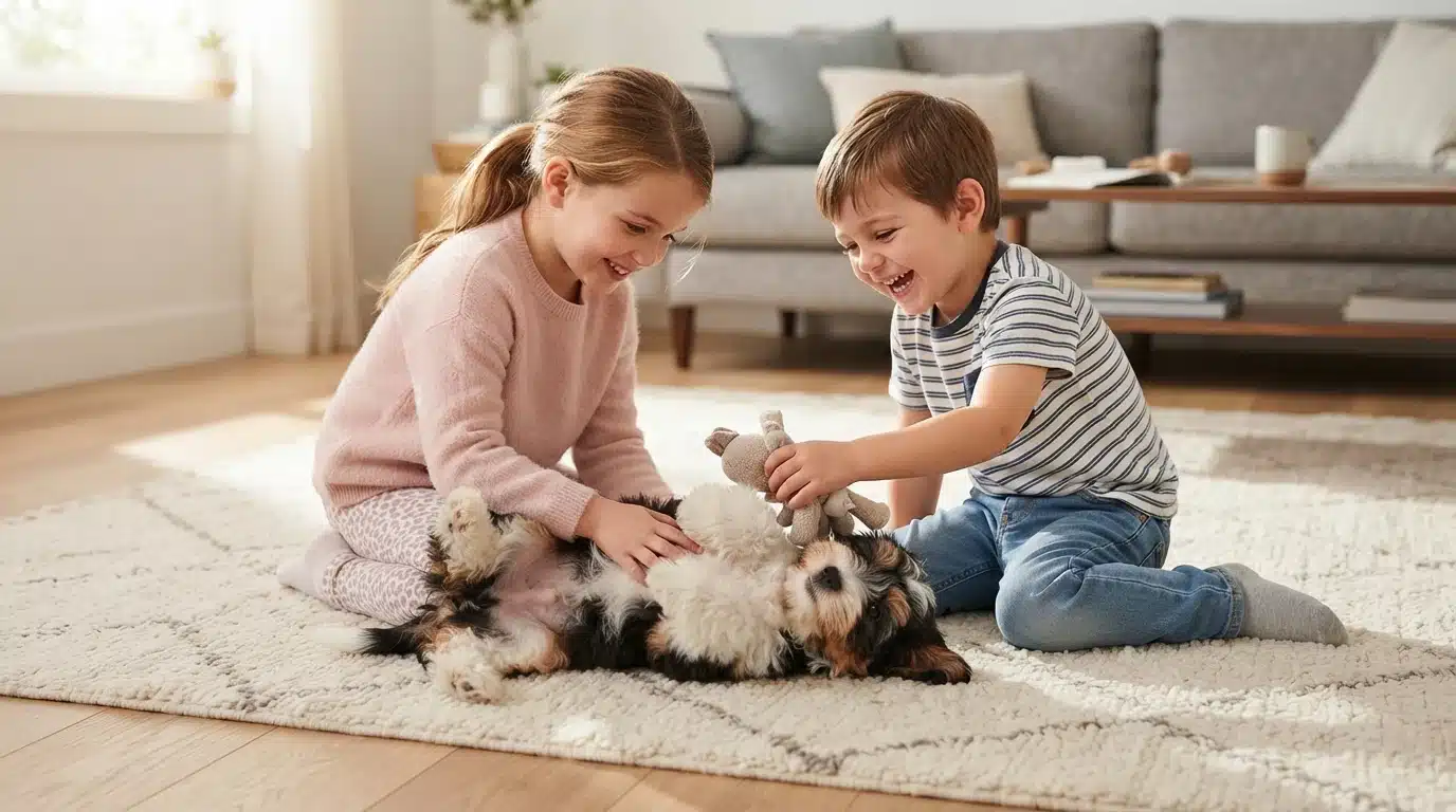Havanese puppy playing with two children