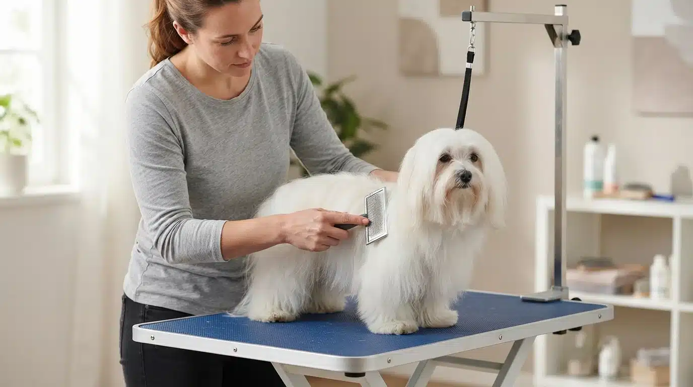 Brushing a small white dog on a grooming table
