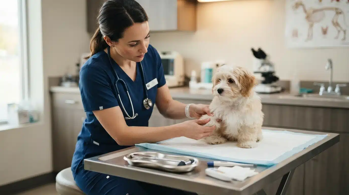 Veterinarian examining a Havanese puppy on exam table