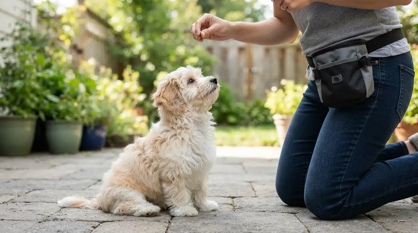 Havanese puppy practicing sit cue on patio