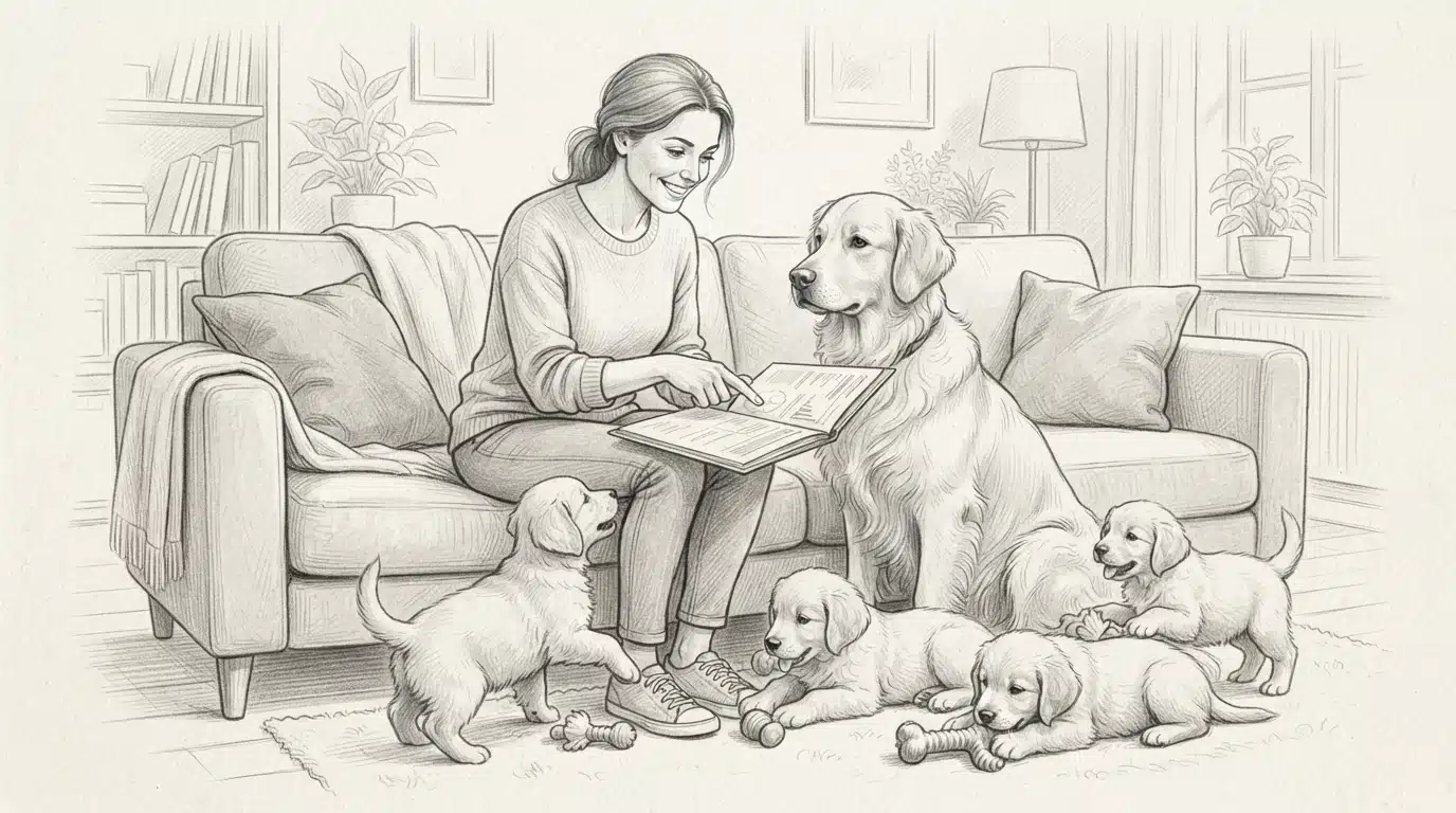 Breeder showing puppy paperwork beside its mother on couch