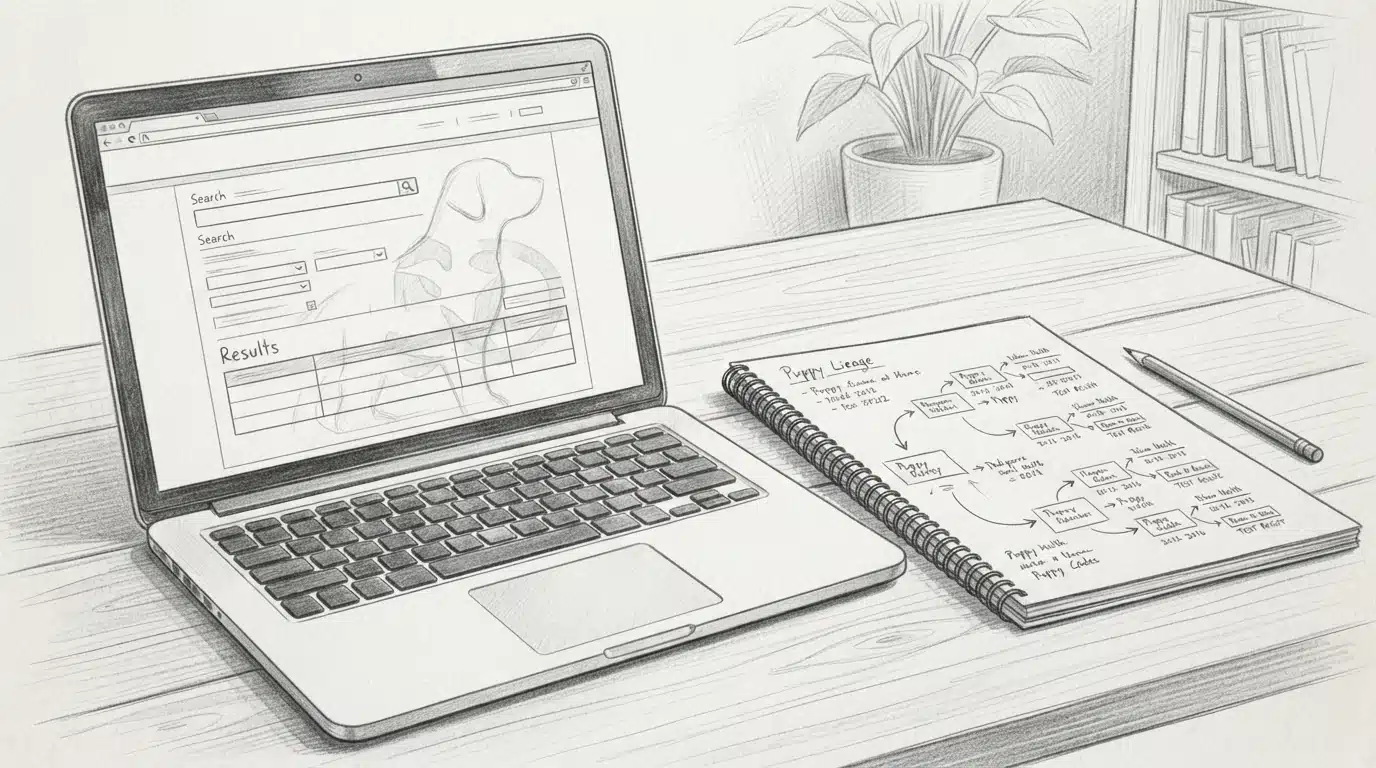 Laptop beside pedigree notebook sketch