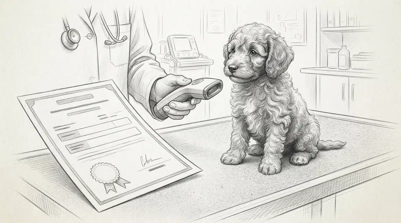 Pencil sketch of puppy with vet documents