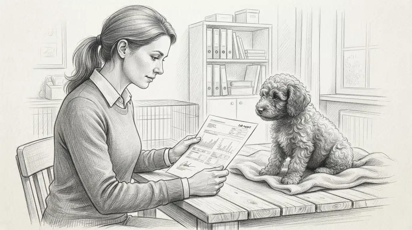 Breeder holding DNA lab report beside puppy