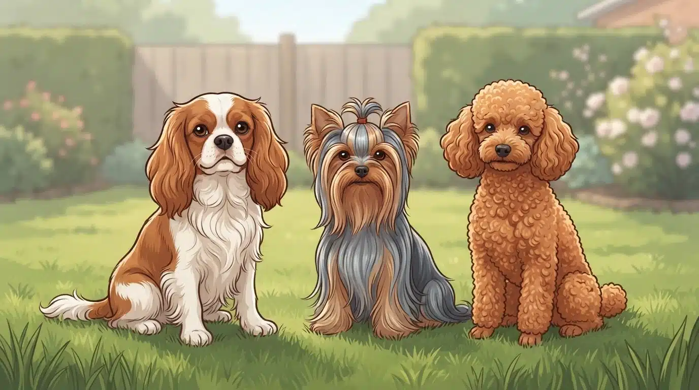 Three small dogs sitting on grass