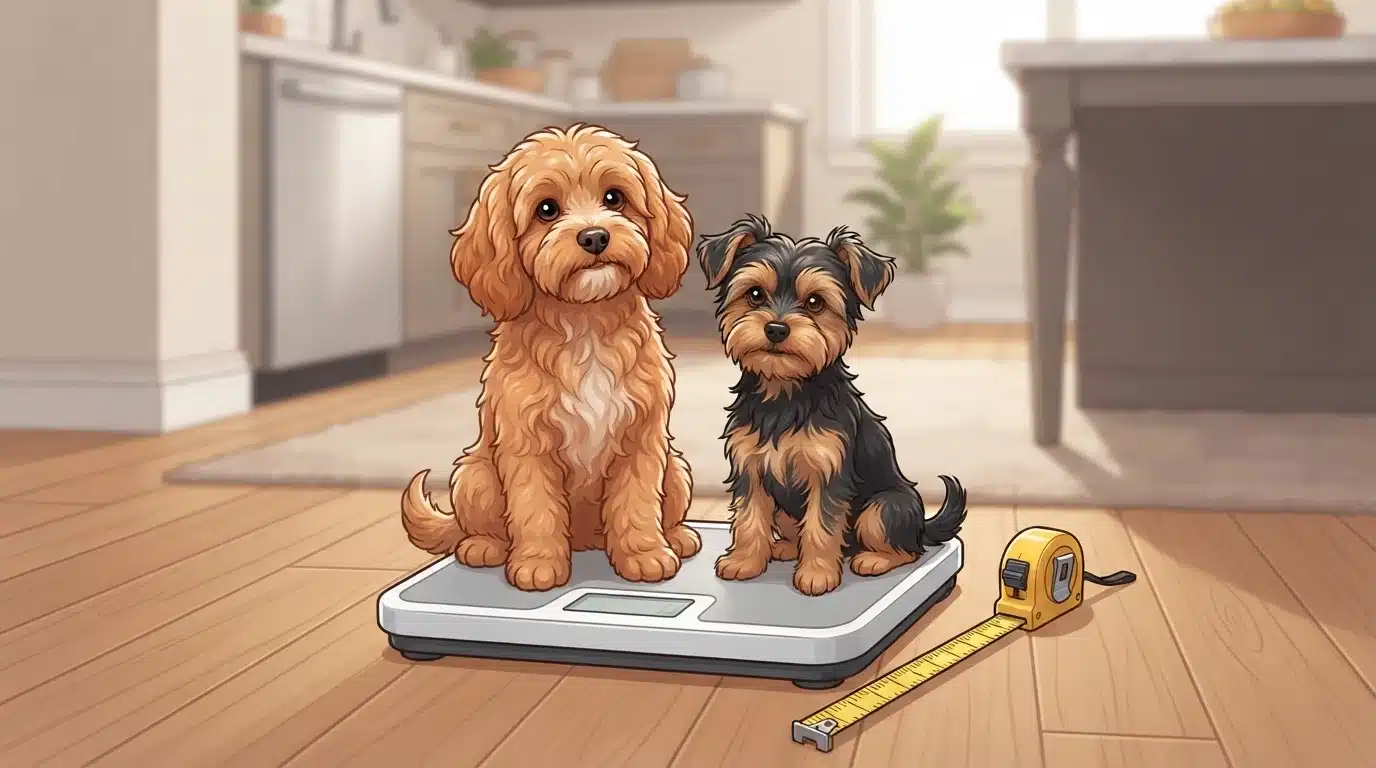 Cavapoo and Yorkipoo on a bathroom scale