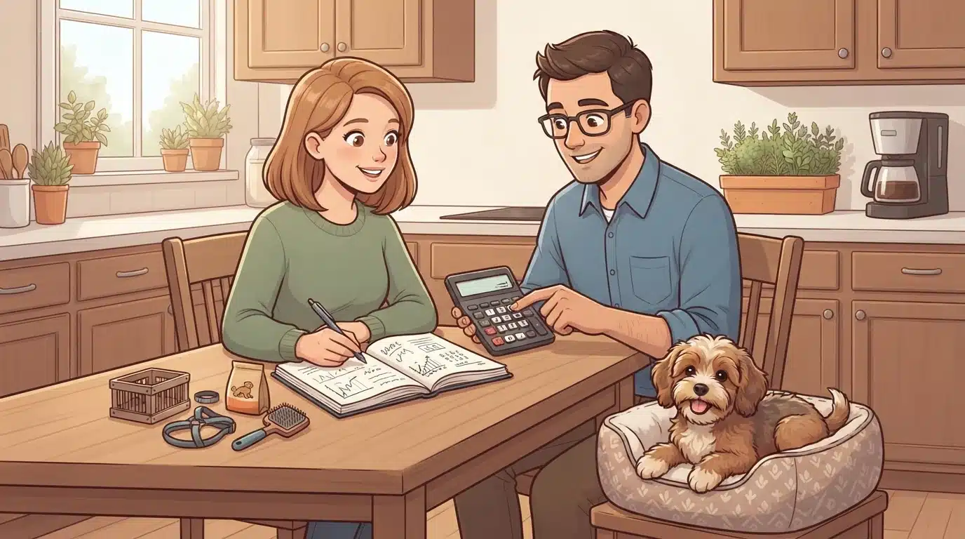 Family budgeting at kitchen table with puppy