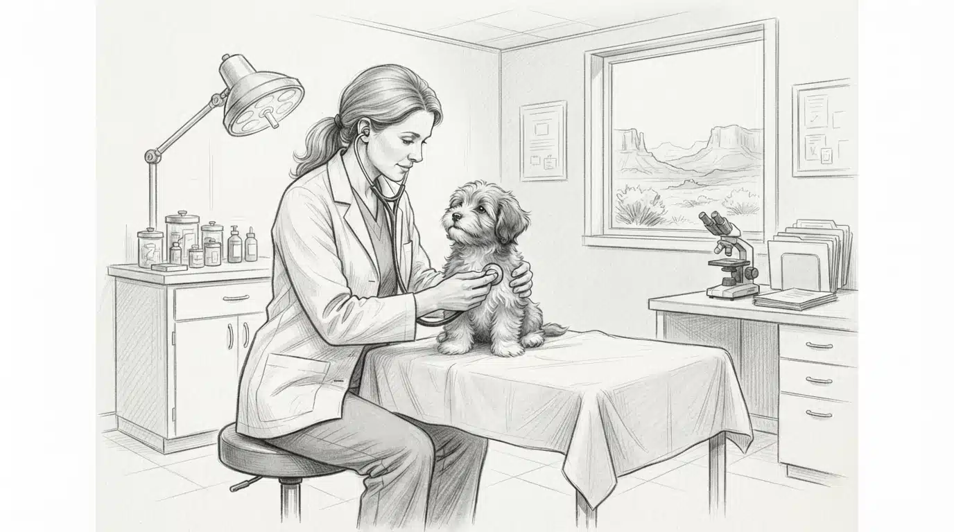 Havanese puppy examined by veterinarian in clinic