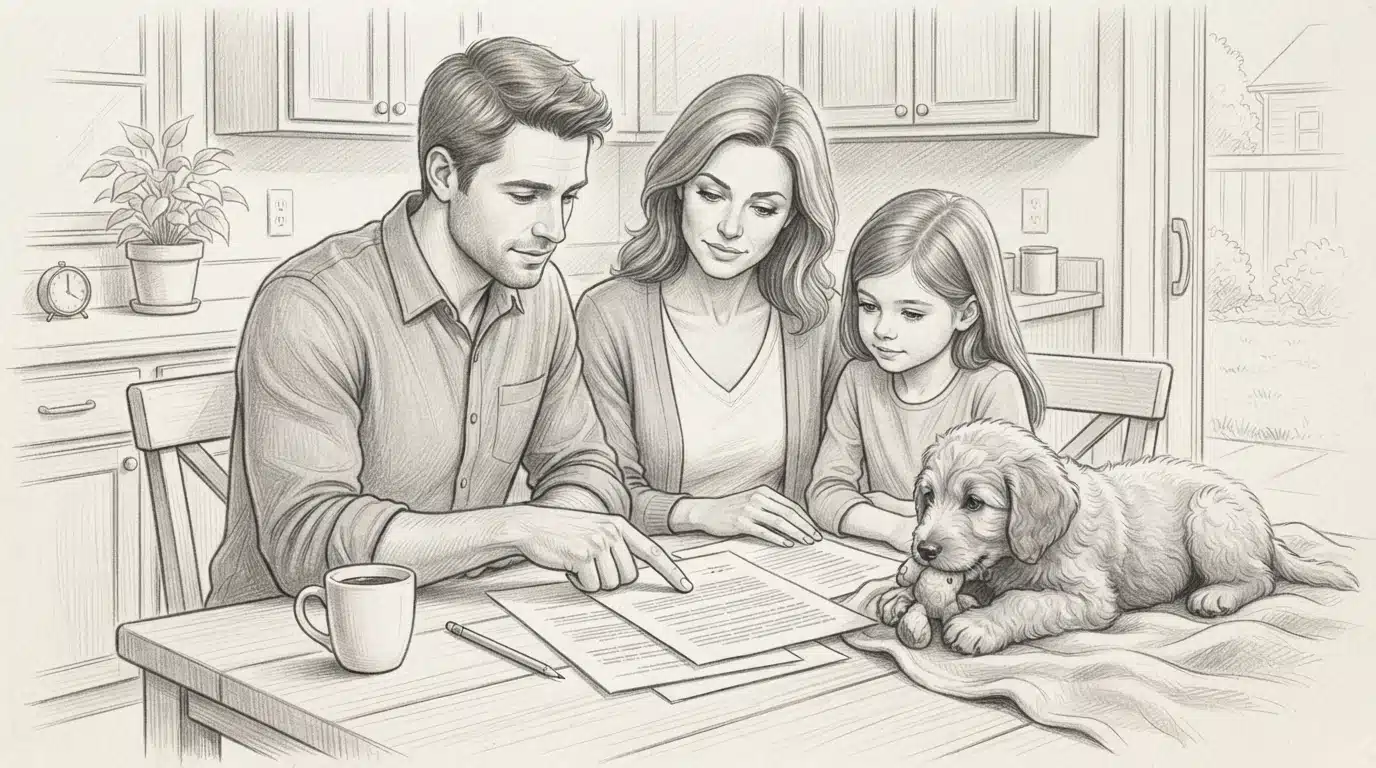 Family reviewing a puppy purchase contract