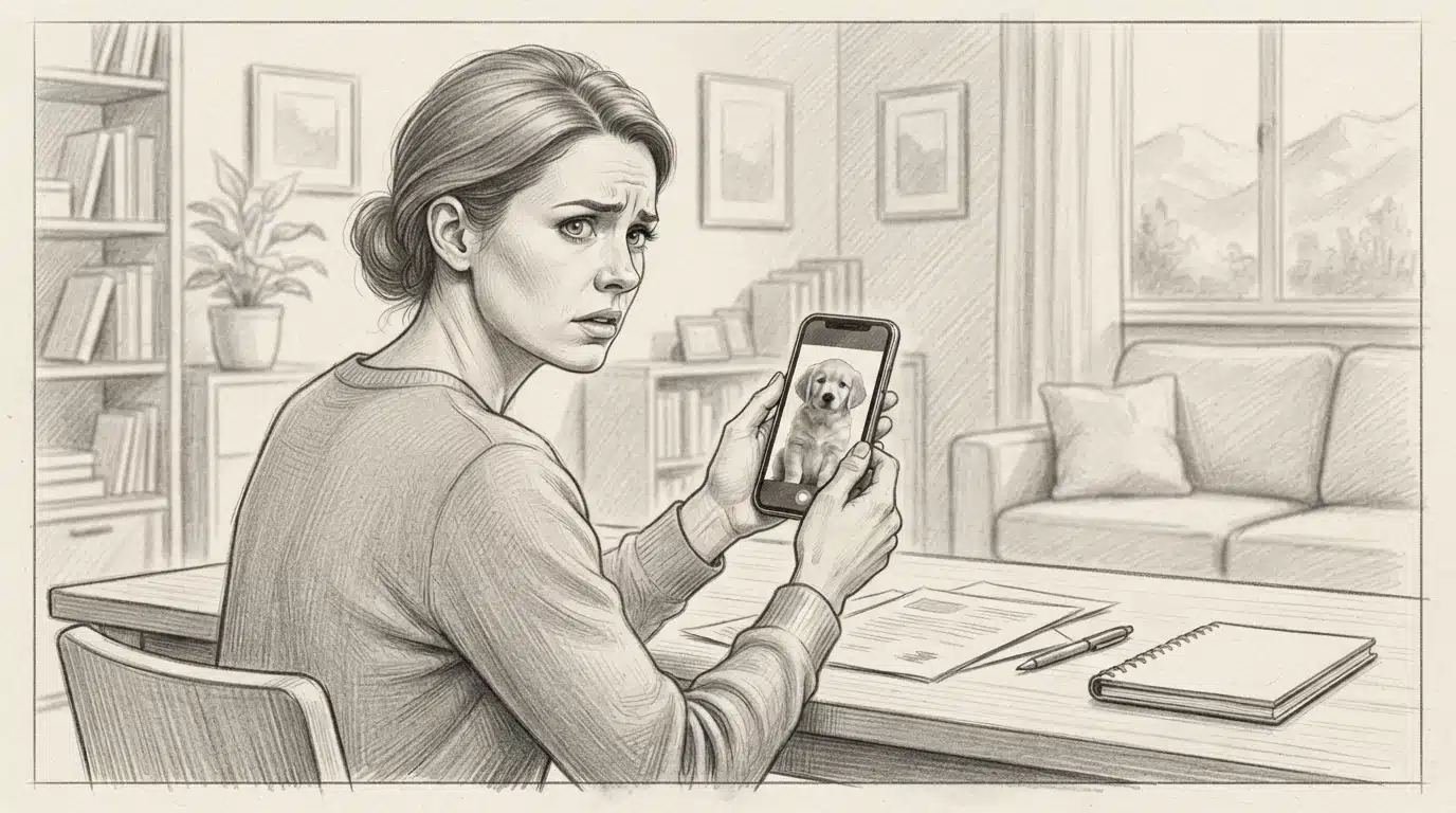 Worried buyer examining a phone video call