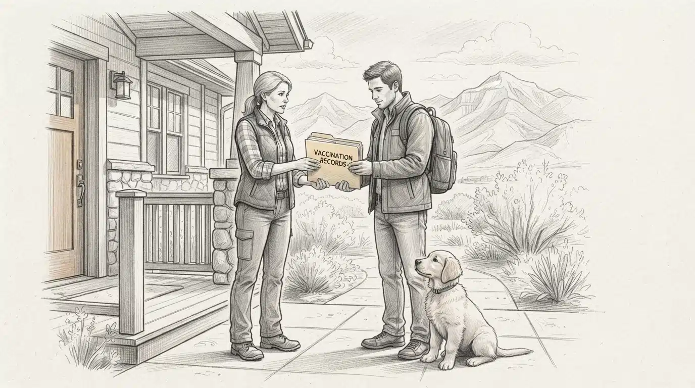Breeder handing puppy records folder to buyer
