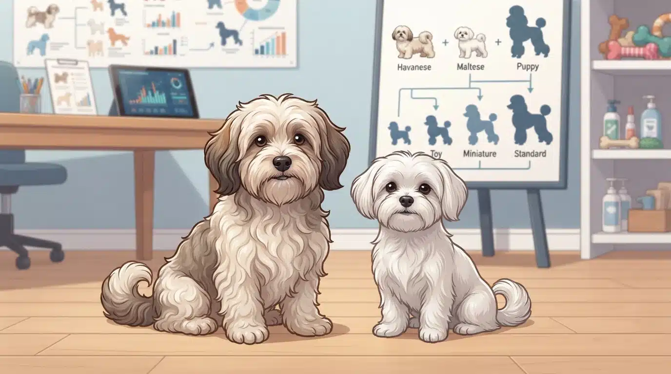 Havanese and Maltese dogs sitting side by side