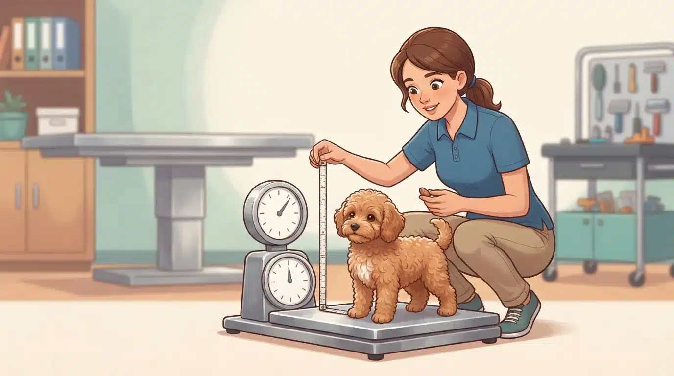Breeder measuring a small Havapoo puppy on a scale
