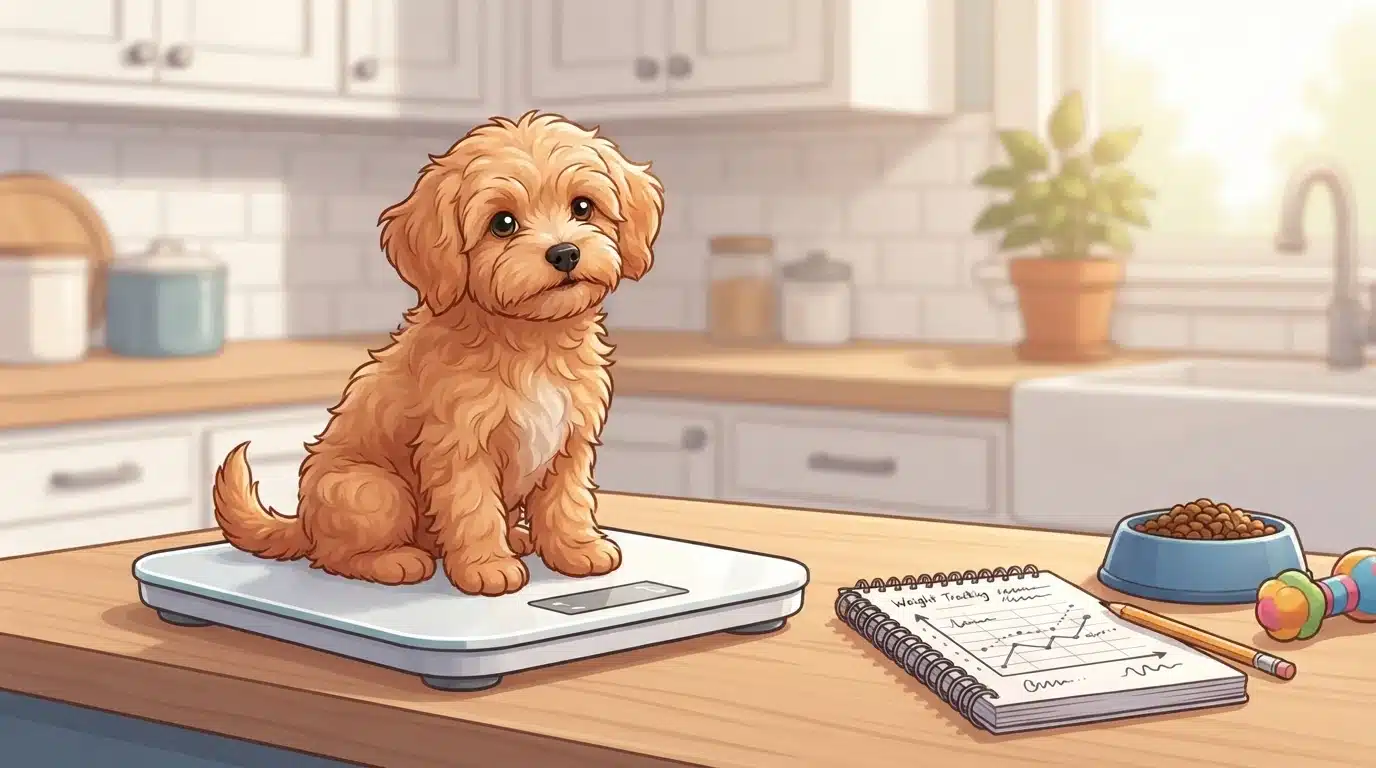 Fluffy Havapoo puppy on bathroom scale with notepad