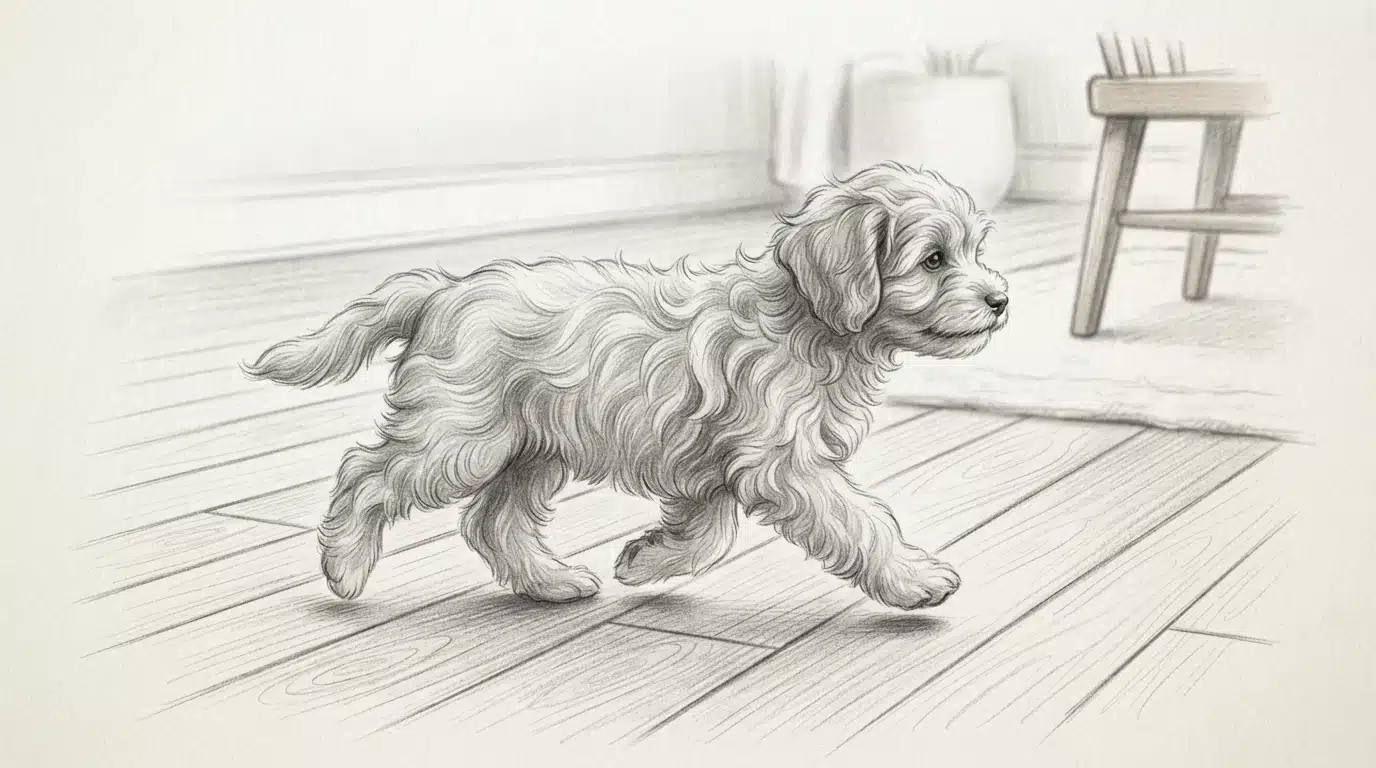 Havapoo puppy trotting on hardwood floor