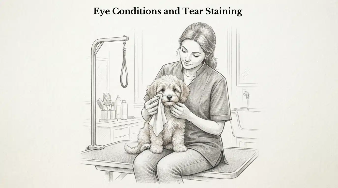 Groomer wiping tear stains from Havapoo puppy