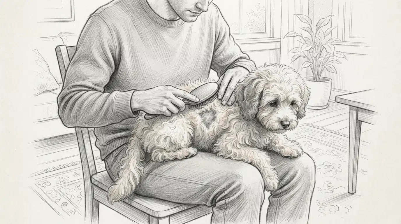 Person brushing a fluffy cream Havapoo