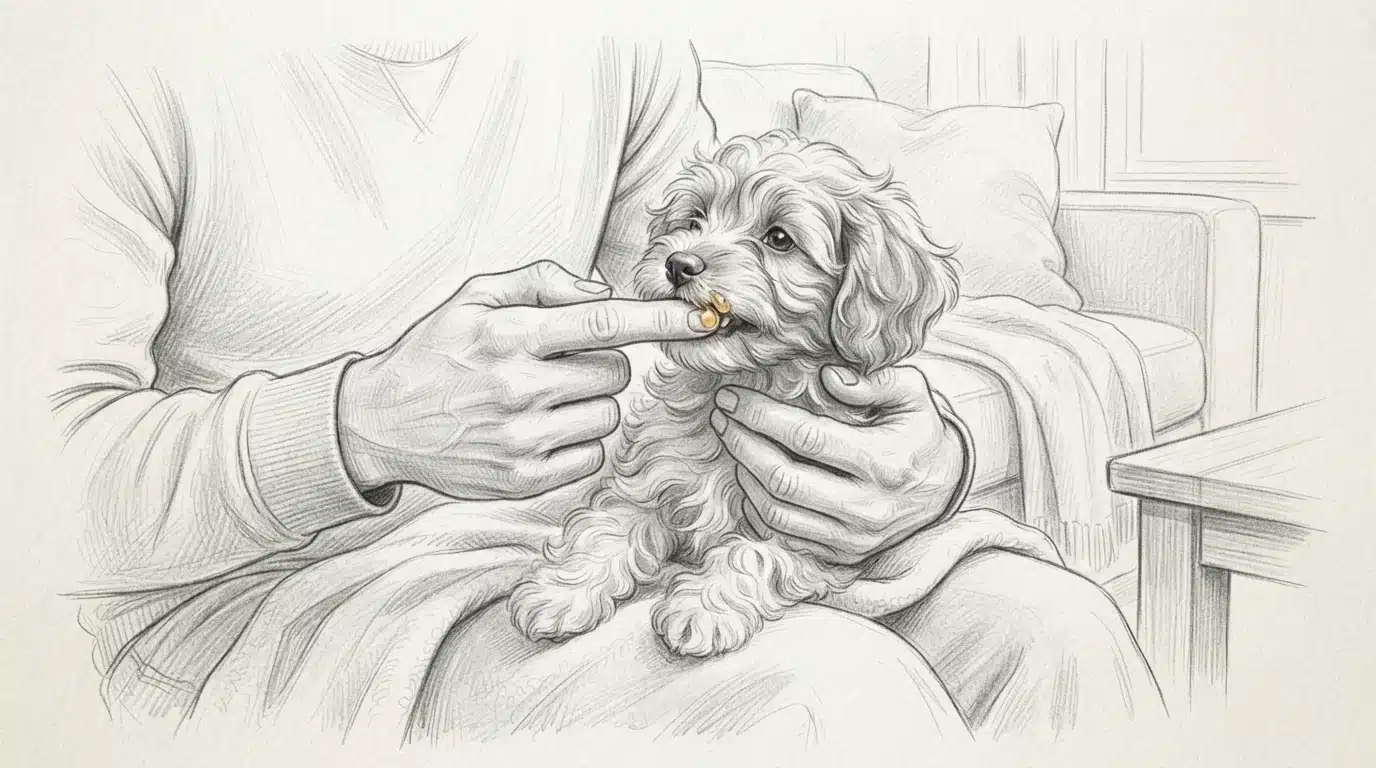 owner rubbing honey on a tiny Havapoo puppy gums