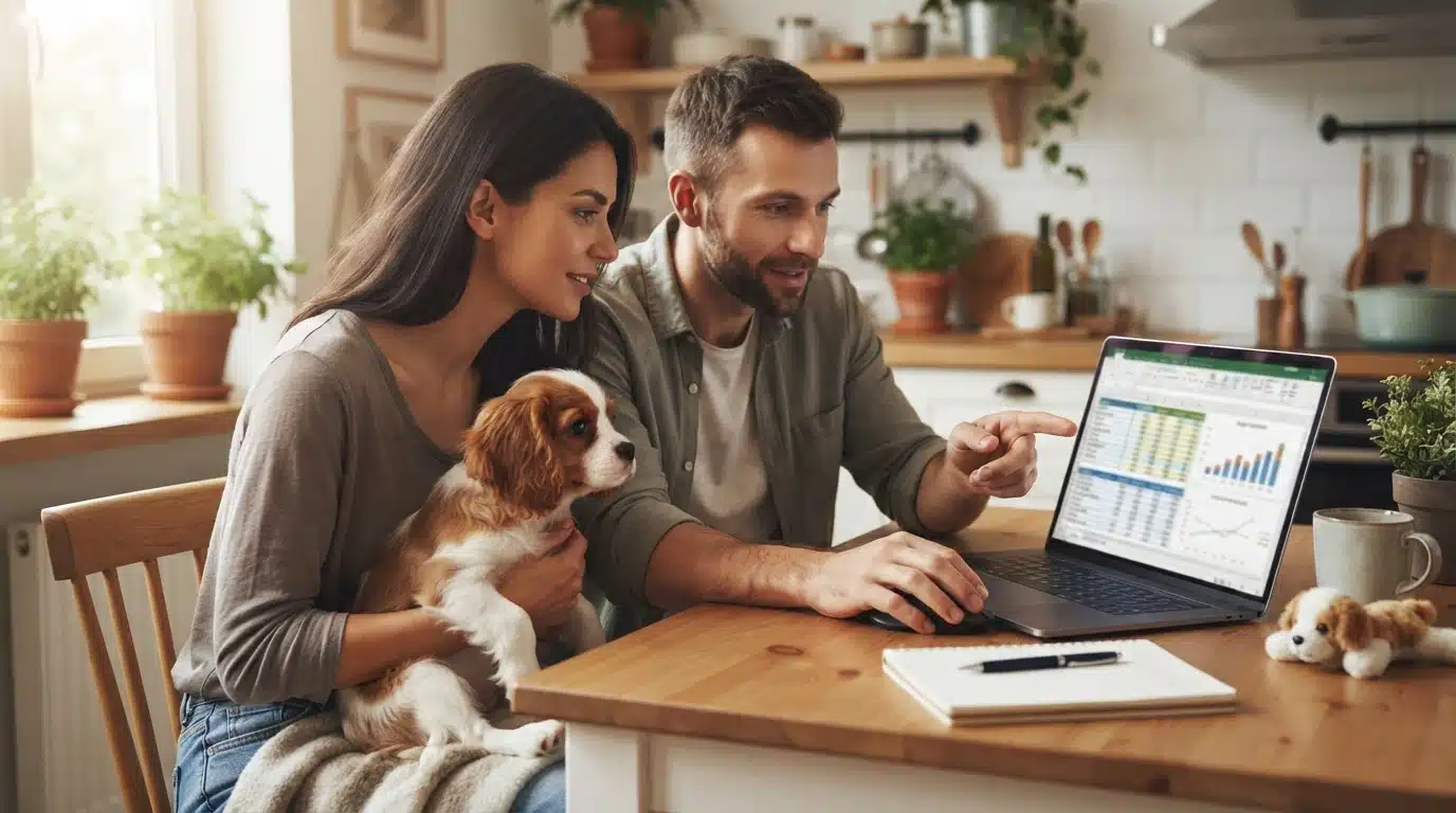 Family reviewing budget at kitchen table with puppy