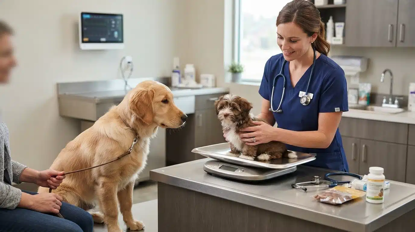 Vet weighing small and large puppies