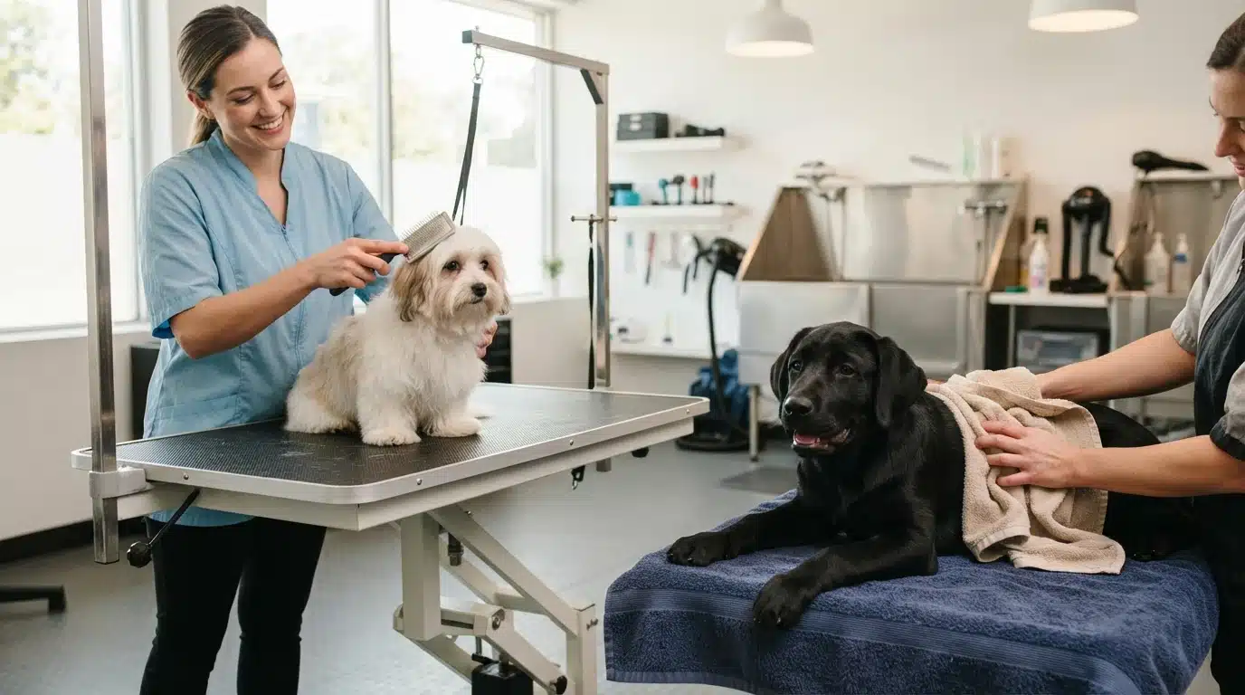 Person brushing small puppy beside towel-drying large dog