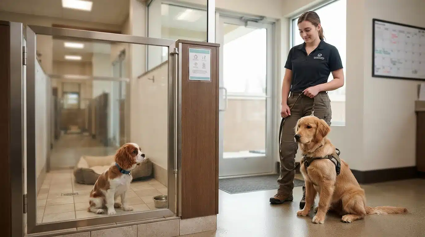 Small puppy in boarding kennel beside large dog with sitter