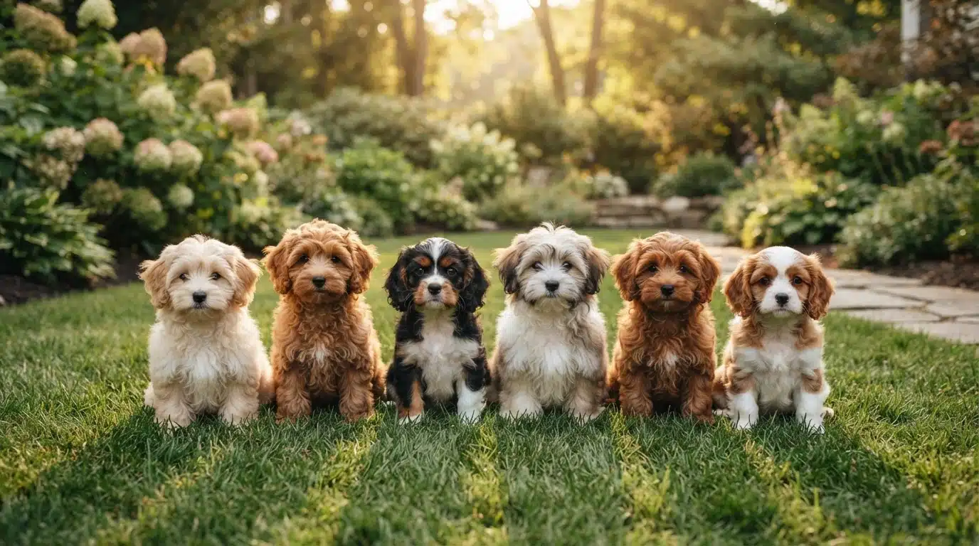 Row of six small fluffy puppies on grass