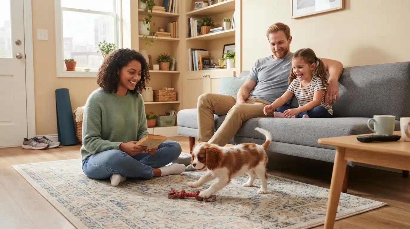 Family and puppy relaxing in a cozy apartment