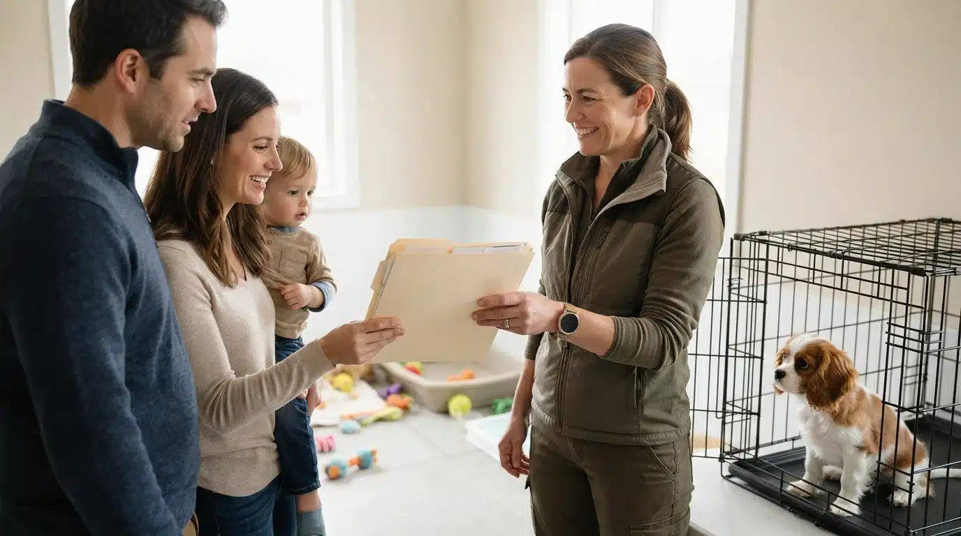 Breeder hands folder to new puppy owners
