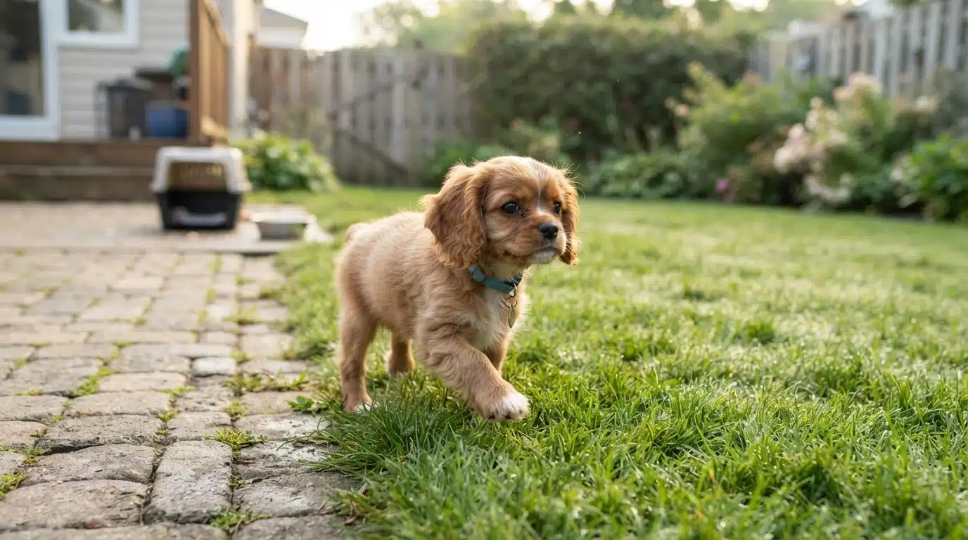 Fluffy puppy stepping onto backyard grass at dawn