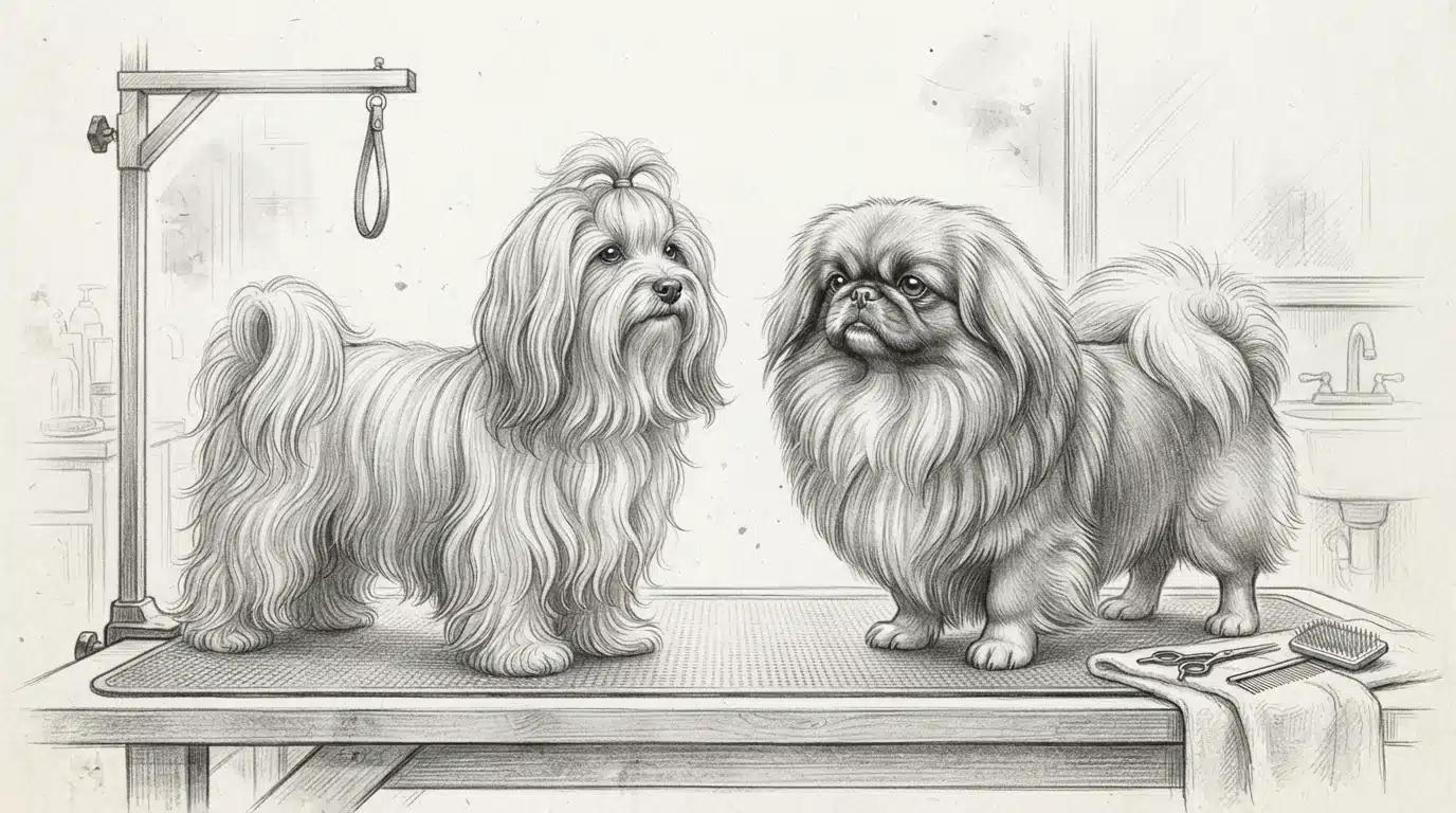 Two dogs with contrasting coat types