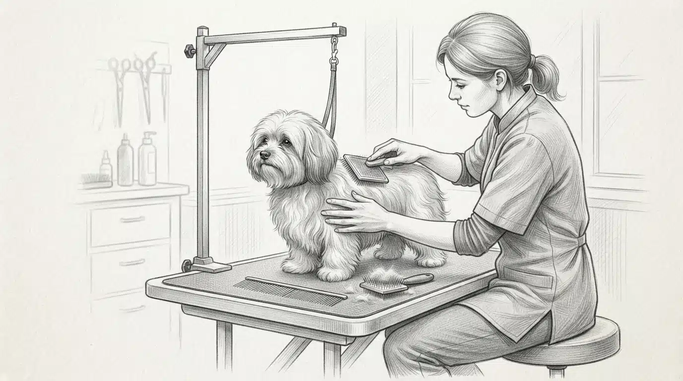 Person brushing a small fluffy dog on a grooming table