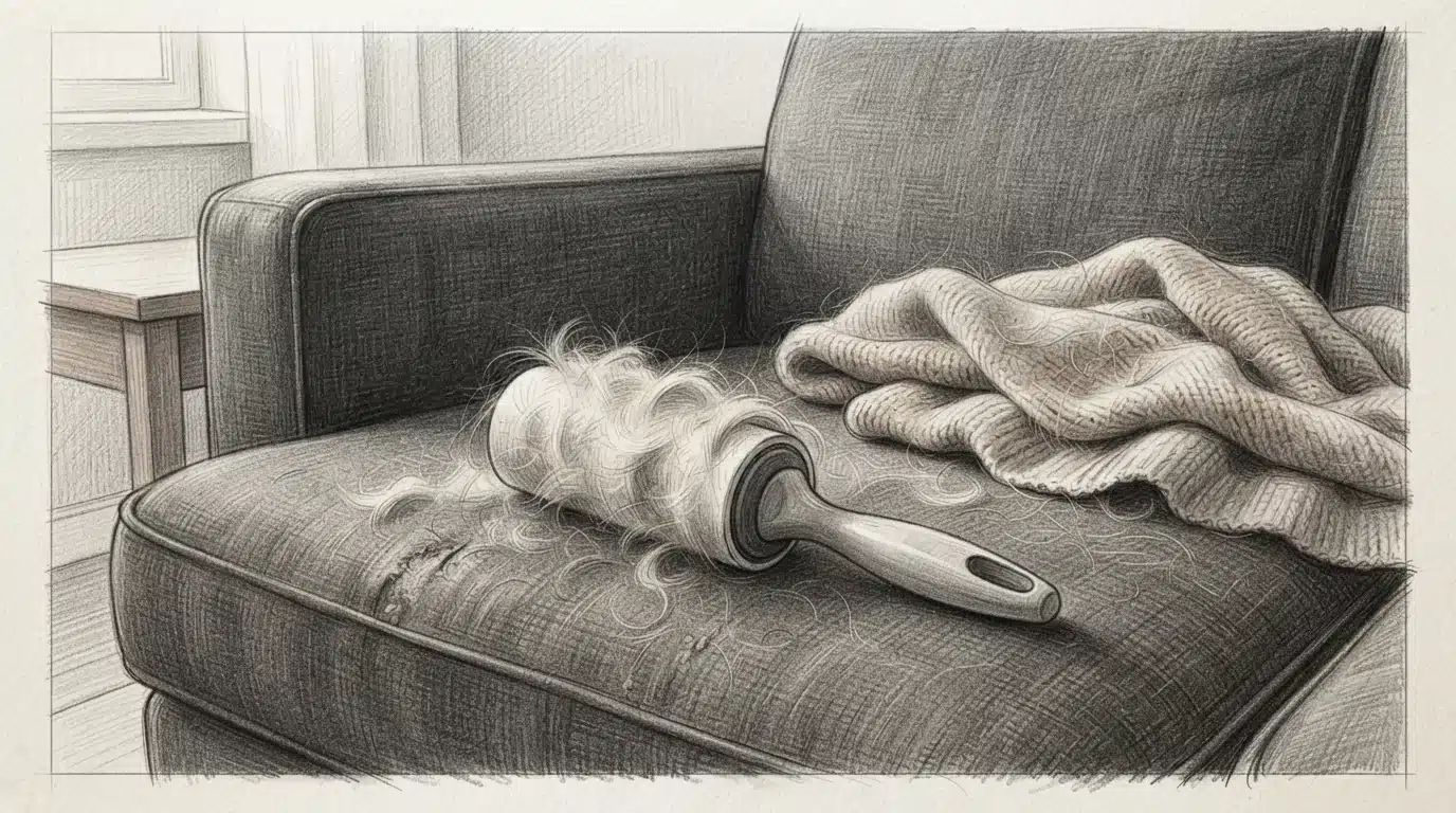 Lint roller with dog fur on dark couch