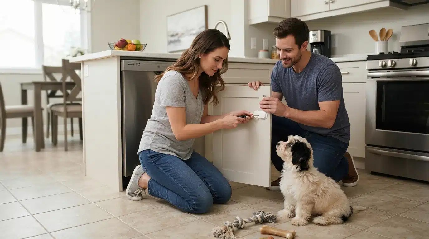 Family childproofing kitchen cabinets for a fluffy puppy