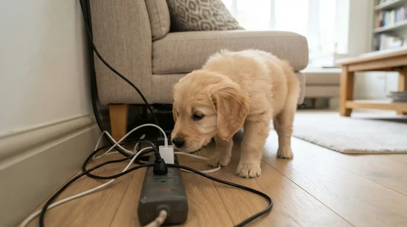 Puppy sniffing an exposed floor power strip