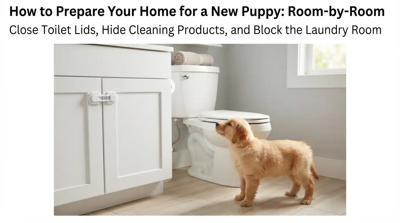 Small fluffy puppy beside a closed toilet lid