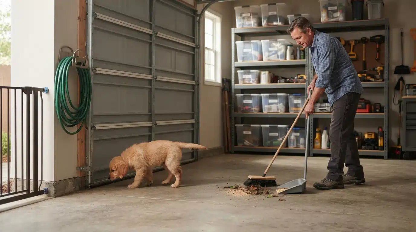 Small puppy sniffing garage threshold while parent sweeps near storage bins