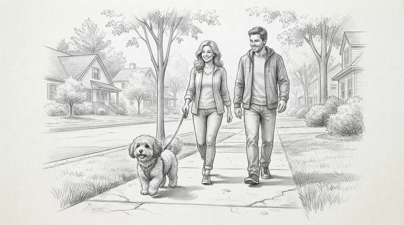 Havanese trotting on leash with family