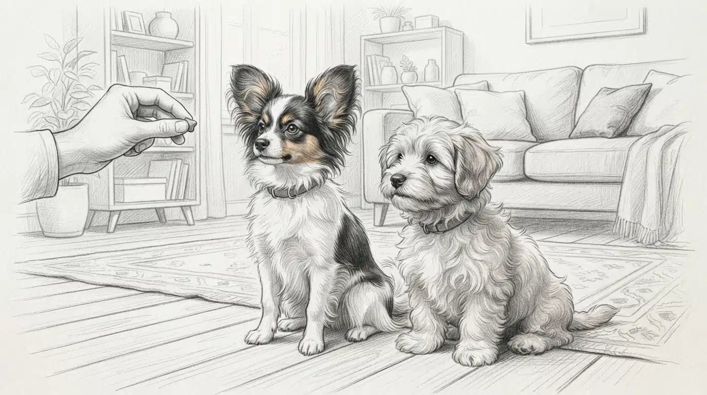 Two puppies training with treats in a living room