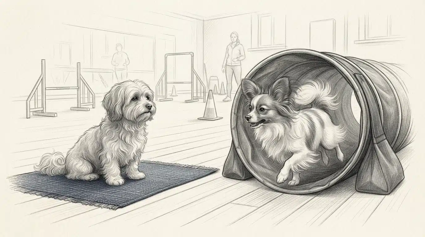 Papillon in agility tunnel, Havanese waiting on mat